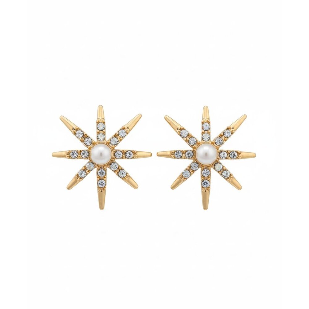 Vintage Gold Starburst Earrings W/ Pearl & Rhinestones Clip-On Costume Jewelry